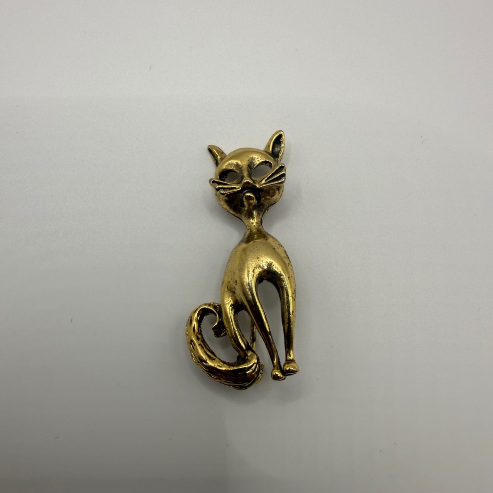 Vintage Style Gold Tone Mid Century Modern MCM Elongated Cat Brooch Pin